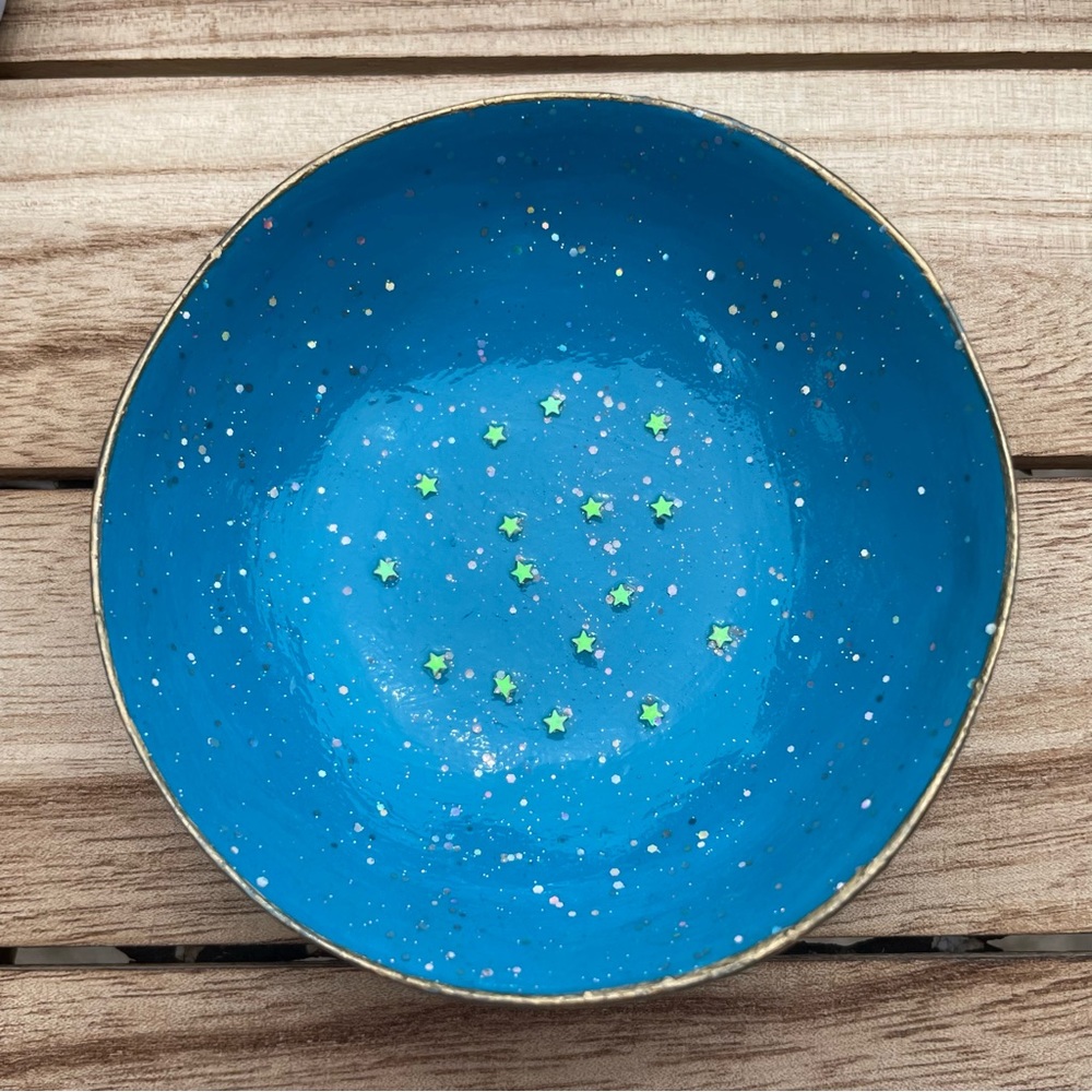 Blue Clay Trinket Ring Jewelry Catchall Bowl Stars Glitter Goldleaf